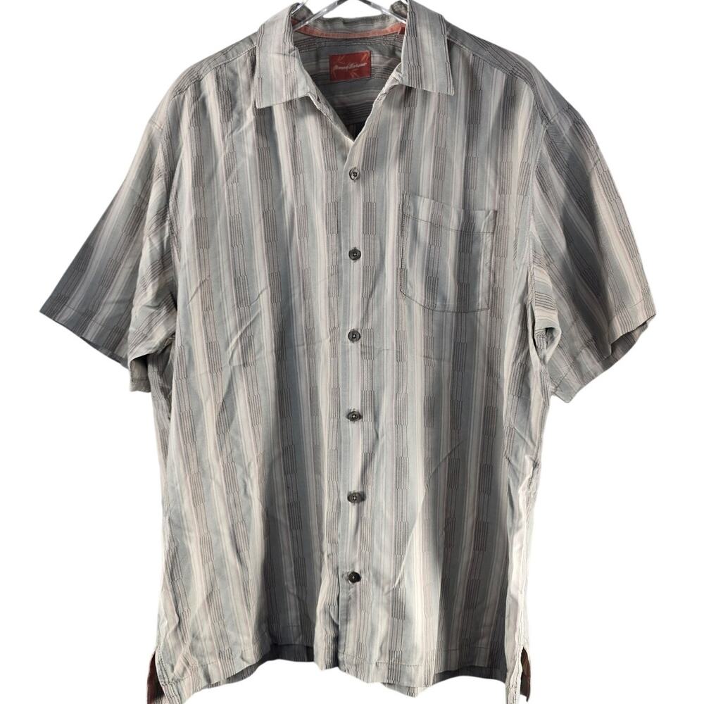 Tommy Bahama 100% Silk Hawaiian Mens Beige Striped Button‎ Down XL